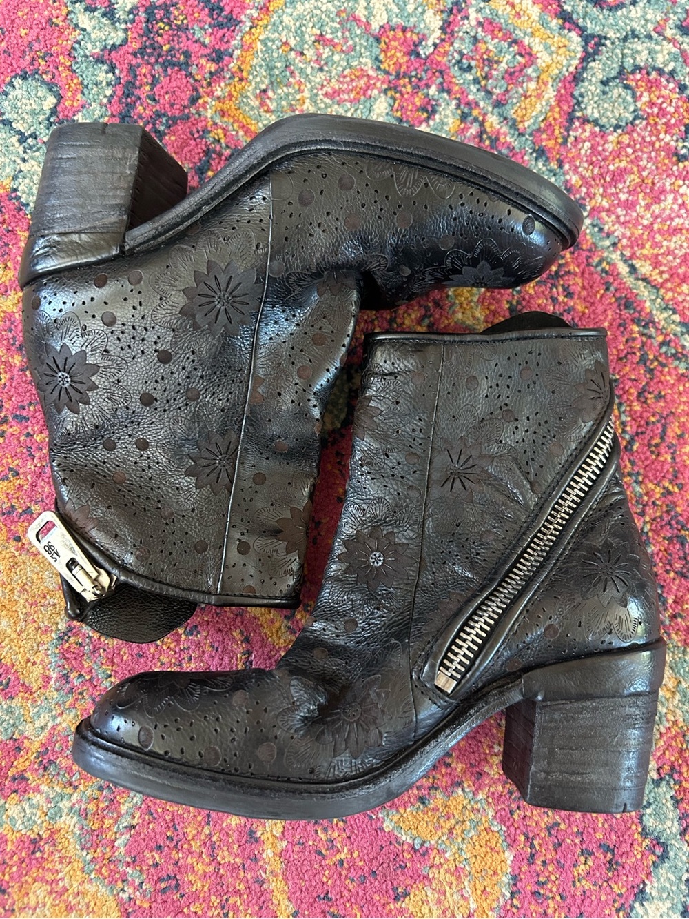 A.S.98 | Women’s Black Floral Embossed Leather Jase Wrap Zip Ankle Boots Size 6 - Picture 6 of 16